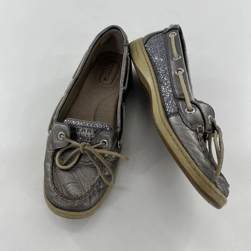 Sperry Angelfish Top-Sider Women 9 Silver Leather Shimmer Boat Shoe Preppy Deck‎